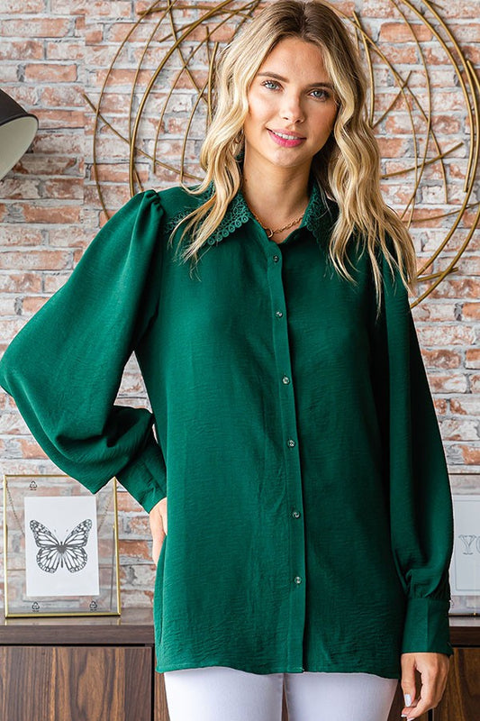 Blouse vert forêt à col brodé