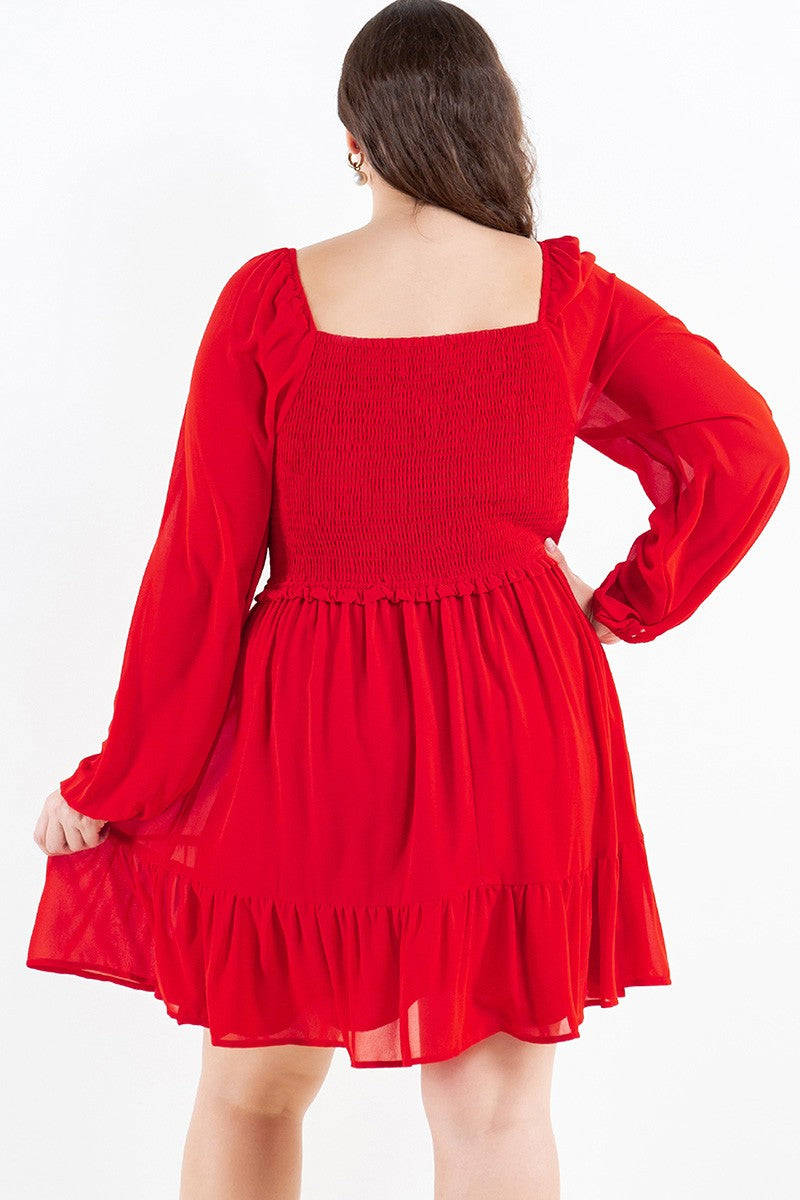 Robe à manches longues à corsage smocké (rouge)