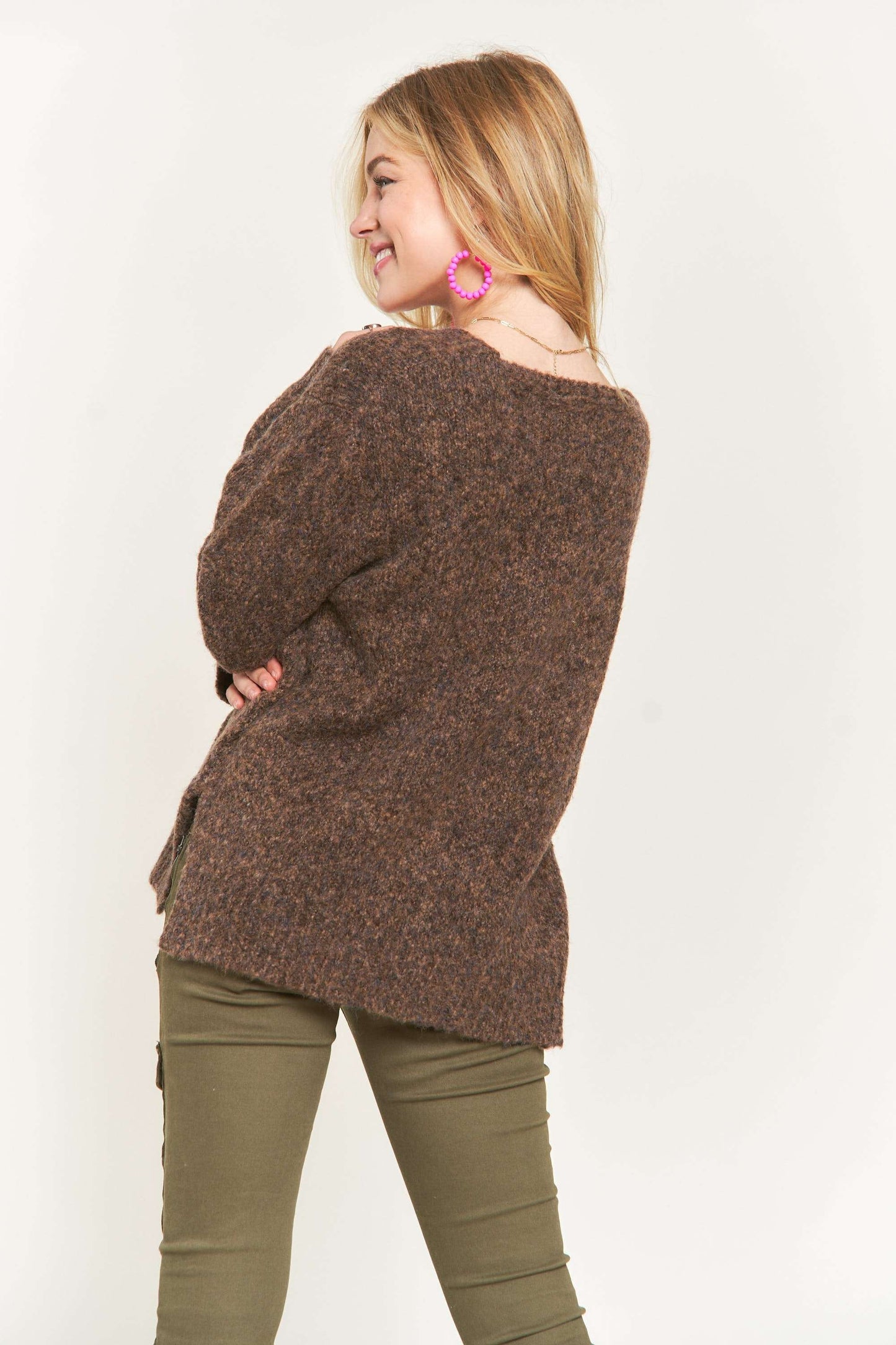 Pull multi tons col en V - Chocolat