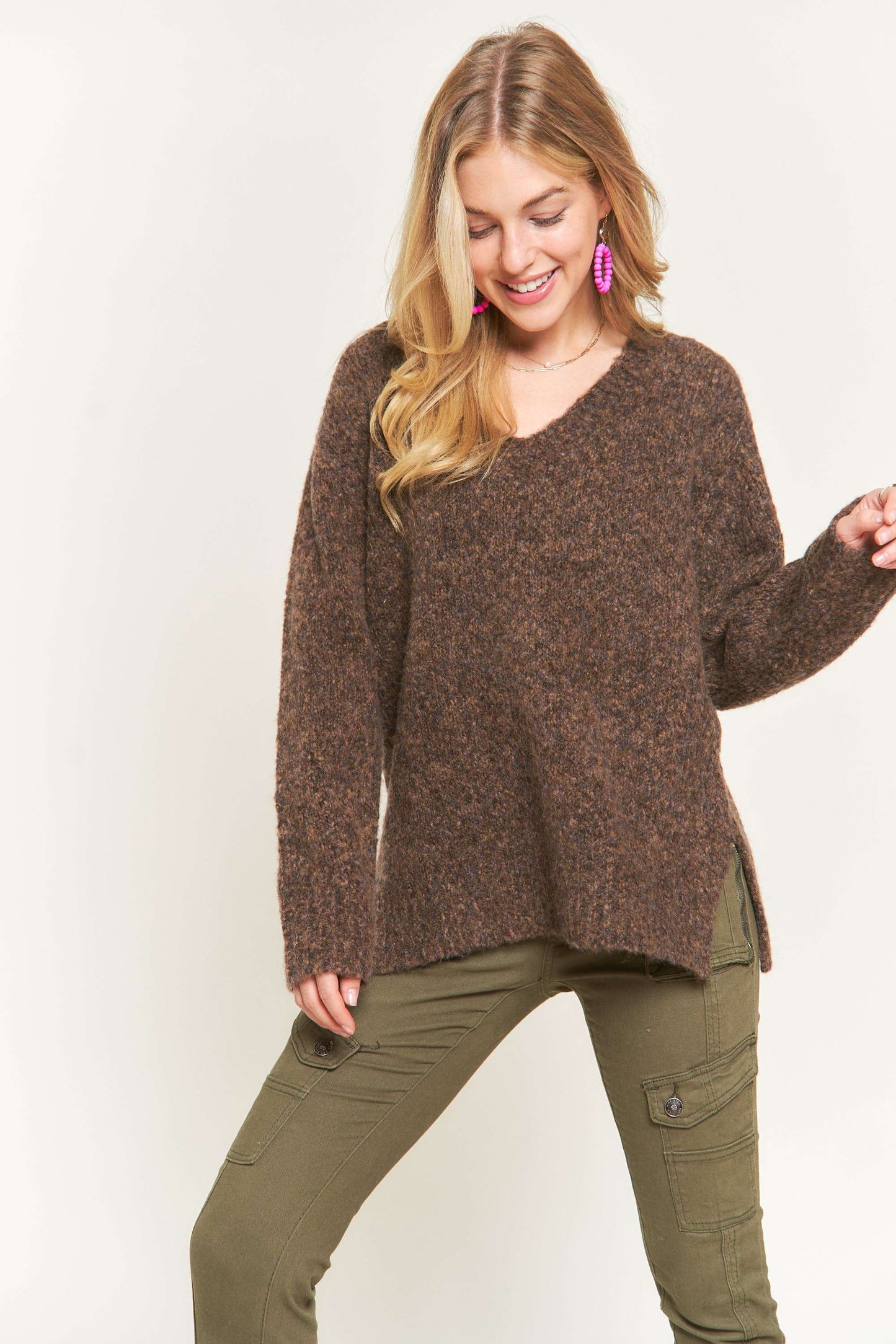 Pull multi tons col en V - Chocolat