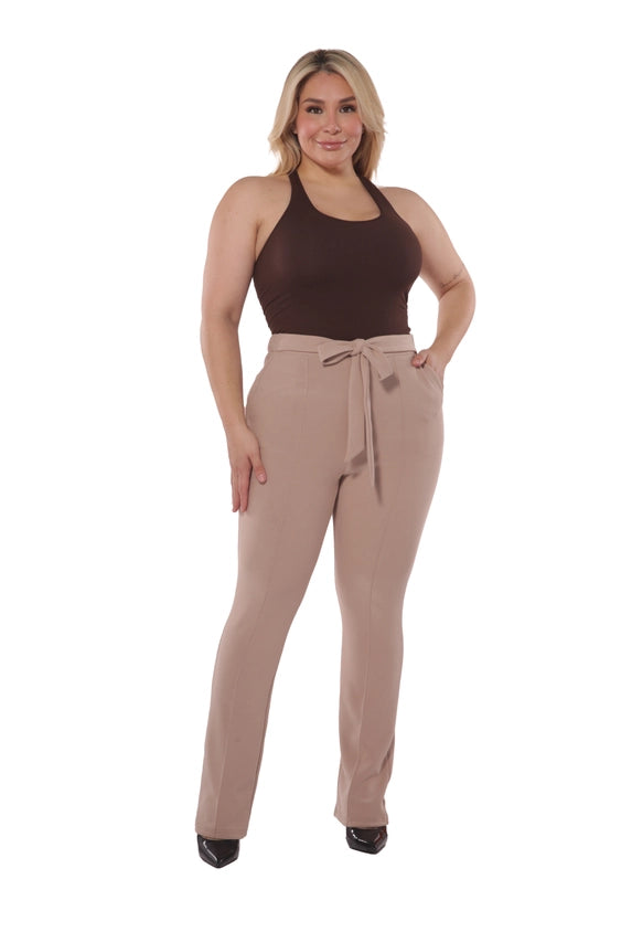 LONG - Pantalon évasé taille haute avec ceinture (latte)