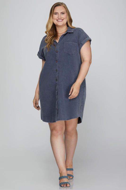 PRÉVENTE - Robe blouse bleu denim en twill avec poches