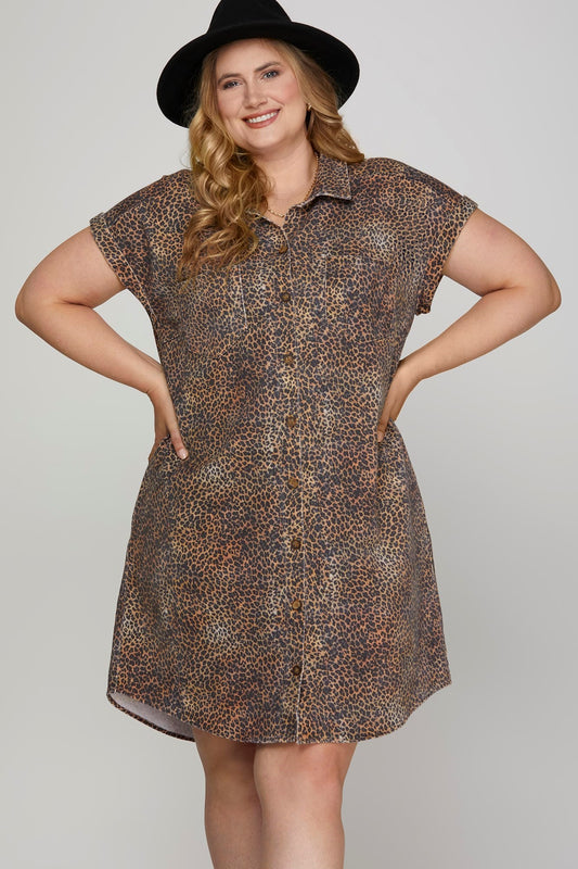 Twill leopard blouse dress with pockets