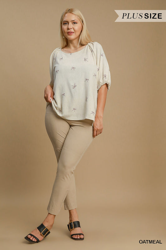 Linen top embroidered with ribbons (cream)