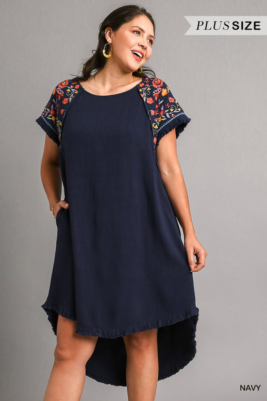 Linen embroidered dress (navy)