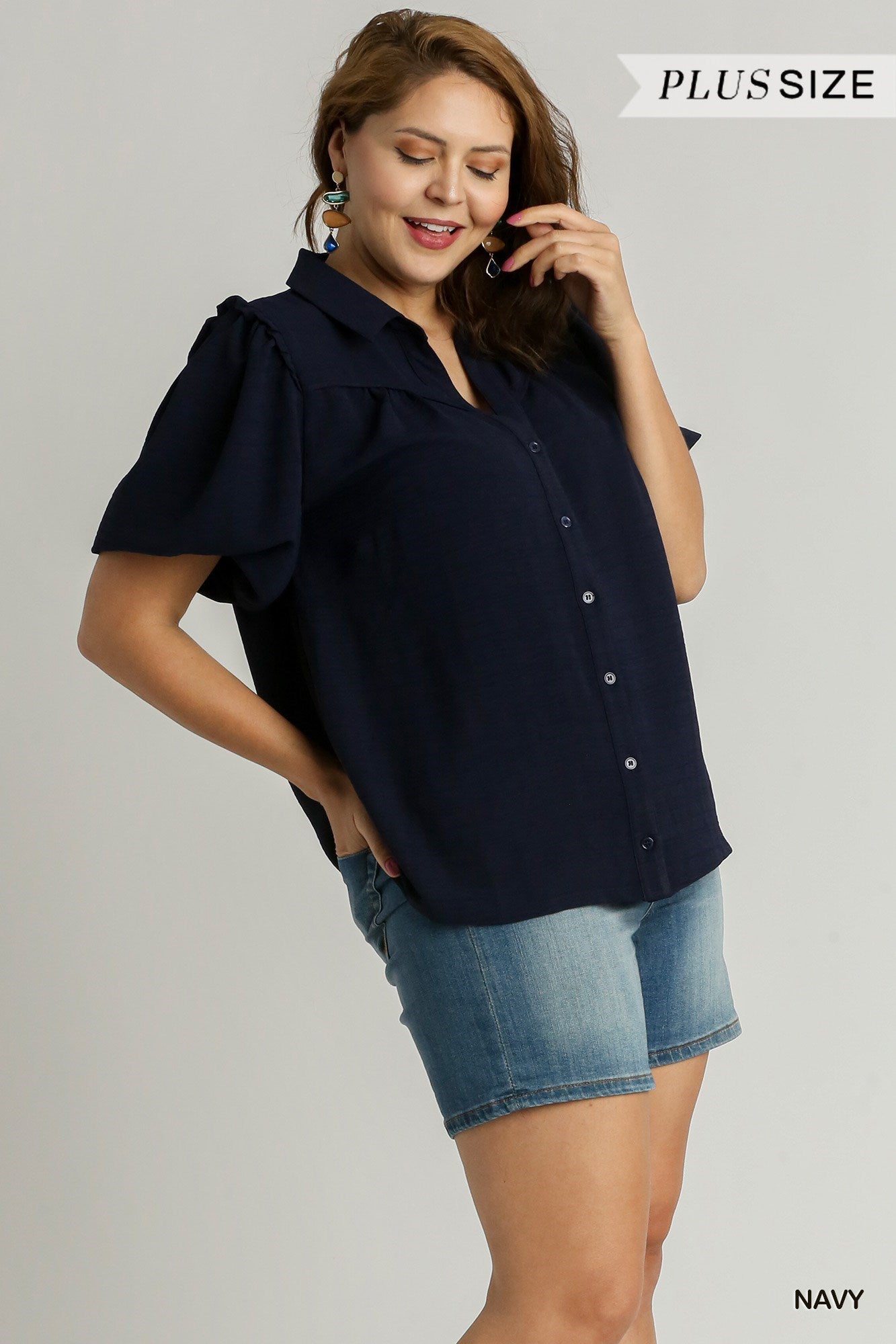 Navy blouse with bubble sleeves