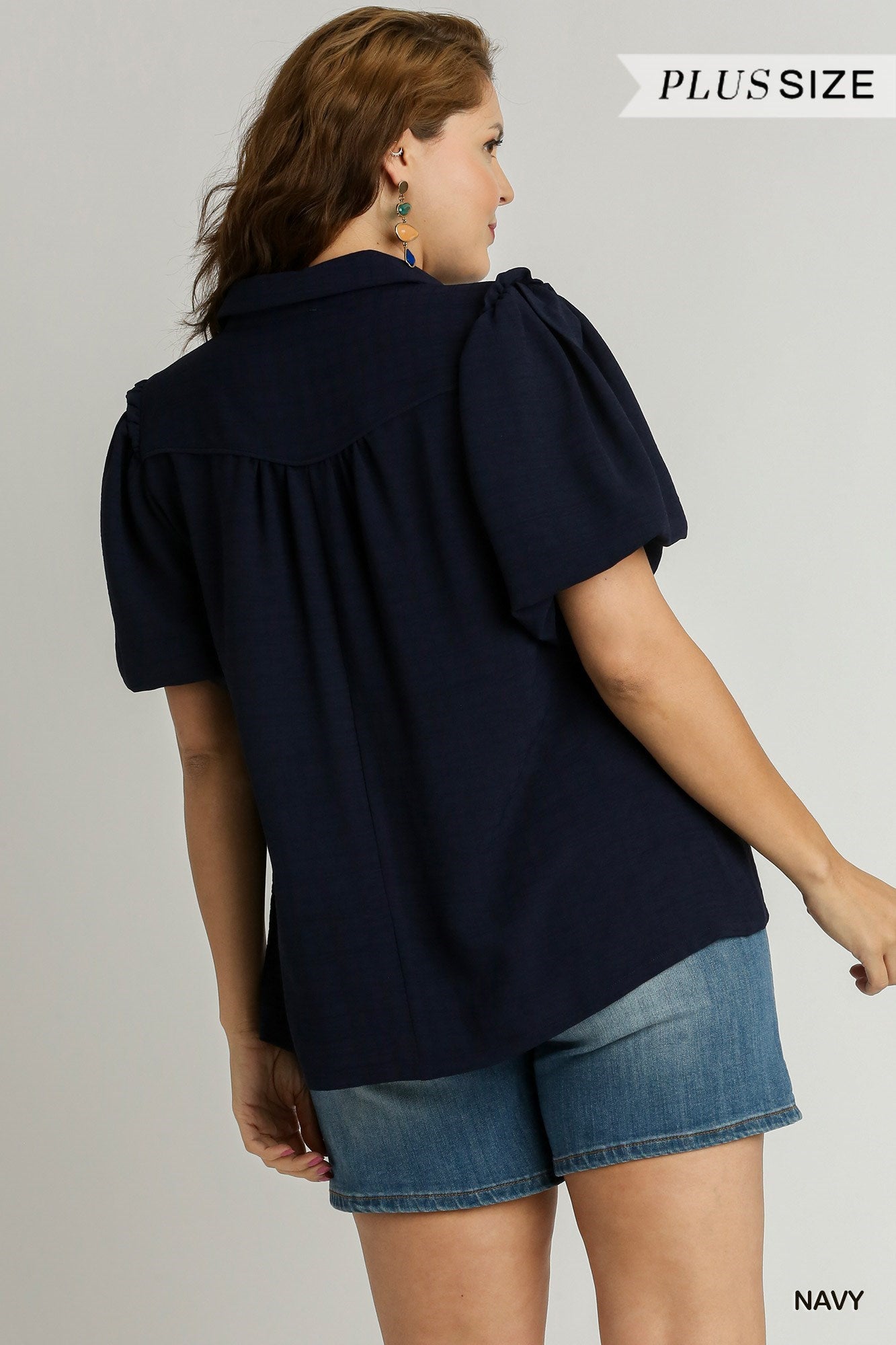 Navy blouse with bubble sleeves