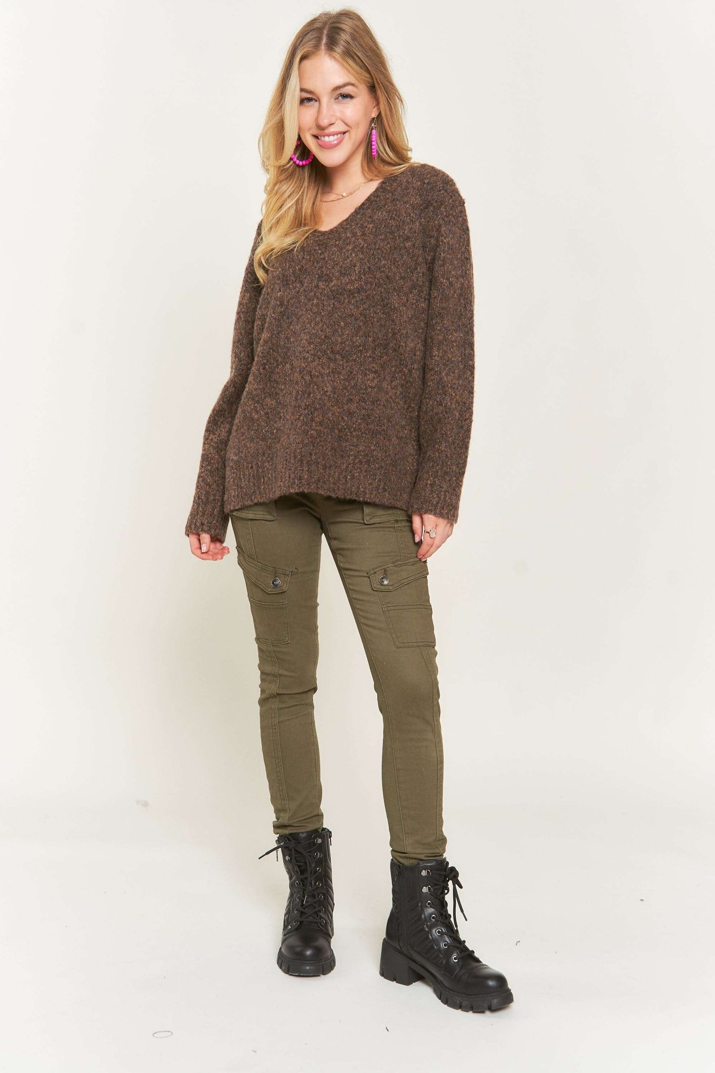 Pull multi tons col en V - Chocolat